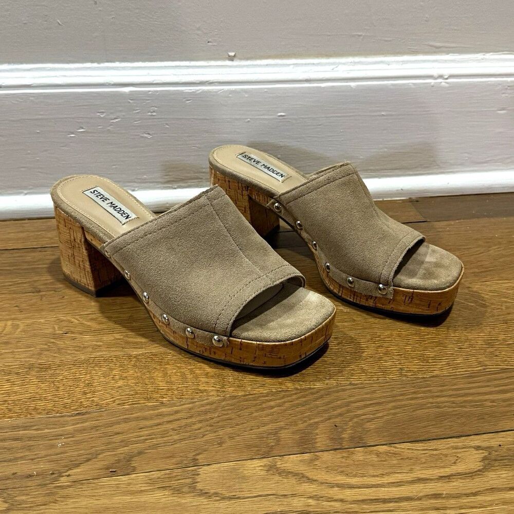 Steve Madden Womens Beige Suede Studded Open Toe Slip On Mule Sandals Cork